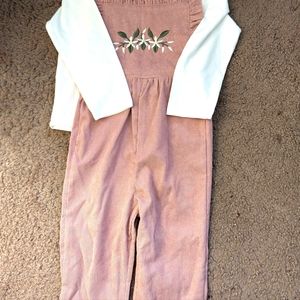Baby Girl Floral Embroidery Ruffle Trim Overall Jumpsuit & Tee